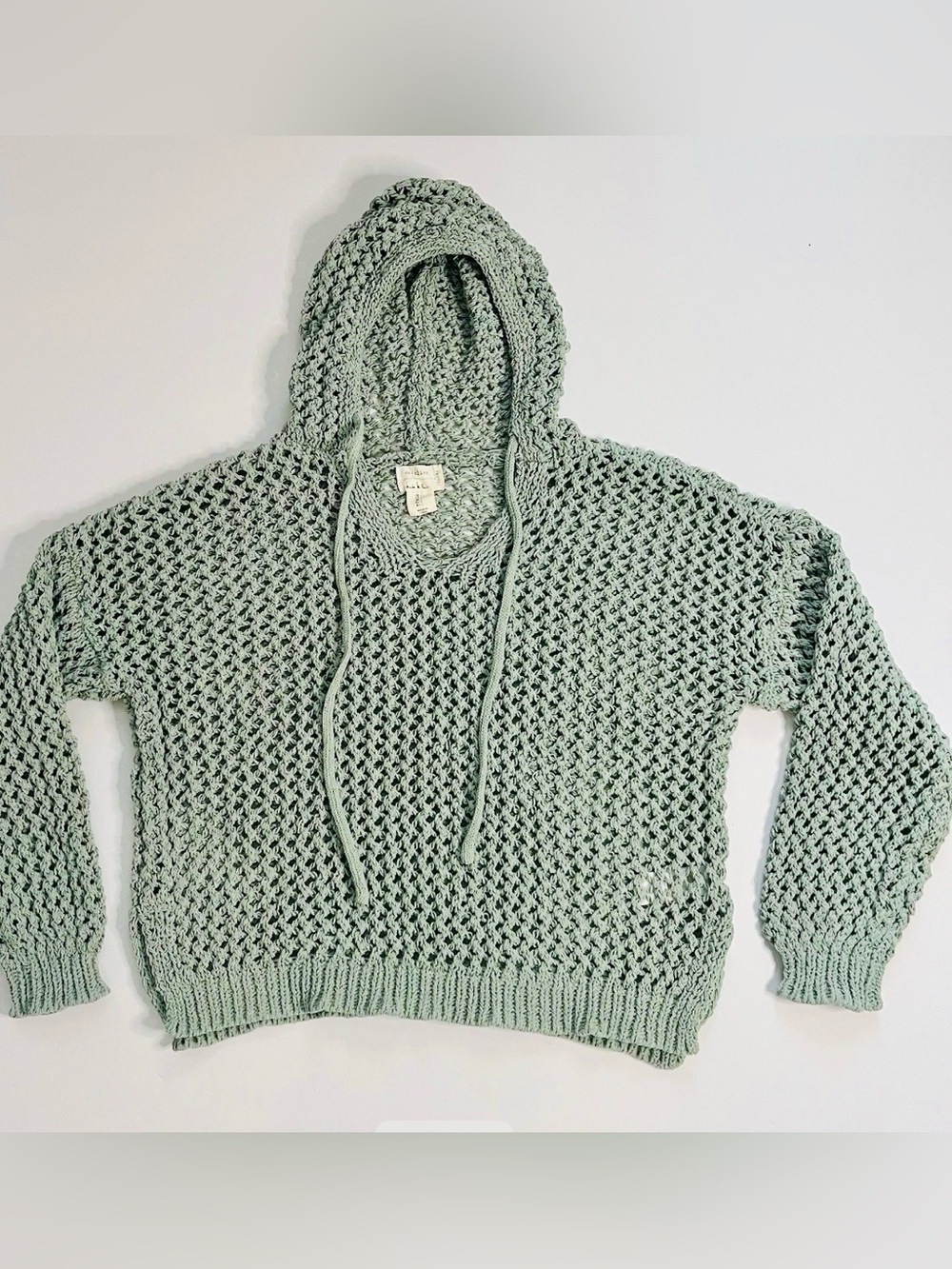 Nicole Miller Olive/Sage Green Open-Weave V-Neck Hoodie Sweater